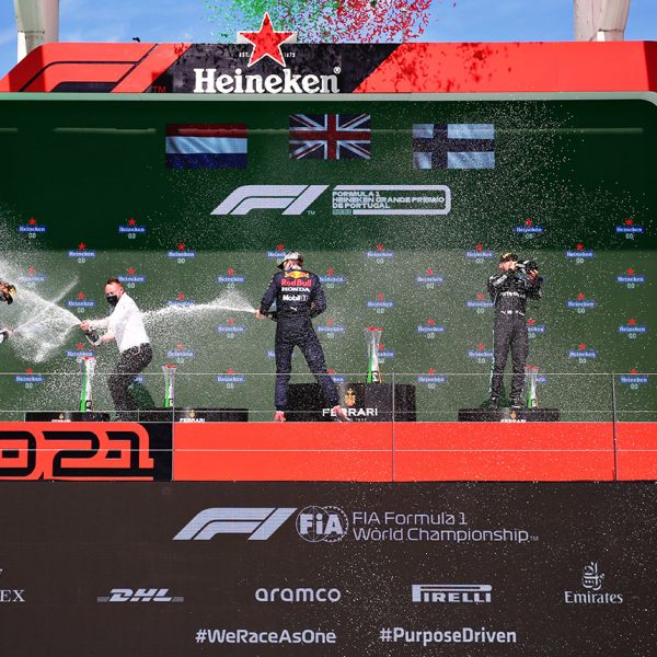 PORTIMAO, PORTUGAL - MAY 02: A general view of the podium as race winner Lewis Hamilton of Great Britain and Mercedes GP, second placed Max Verstappen of Netherlands and Red Bull Racing and third placed  during the F1 Grand Prix of Portugal at Autodromo Internacional Do Algarve on May 02, 2021 in Portimao, Portugal. (Photo by Mark Thompson/Getty Images)